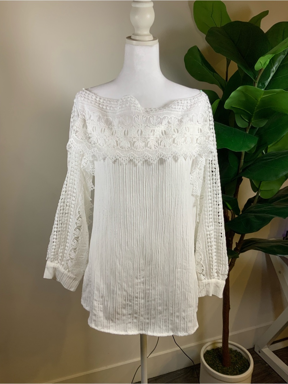 Women's White Crochet-Trim Off-Shoulder Tunic Top